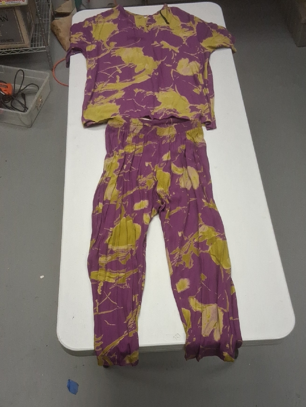 70's VINTAGE Purple & Yellow Printed Cropped Pants Set by Pantagis MADE IN USA